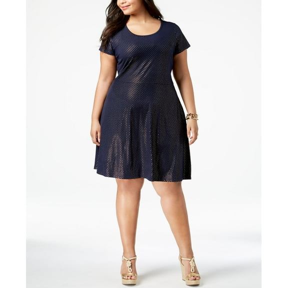 Michael Michael Kors Plus Size Metallic Dot Print Dress True Navy Gold Foil 0X
