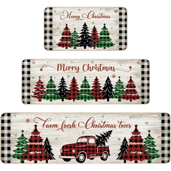 Christmas Kitchen Rugs Set of 3, Kitchen Mat Farmhouse Kitchen Rug Non Slip with Rubber Backing Anti Fatigue Floor Mat, 17" x 59" 17" x 47" 17" x 31" (Red, Green, Black,Geometric Pattern)
