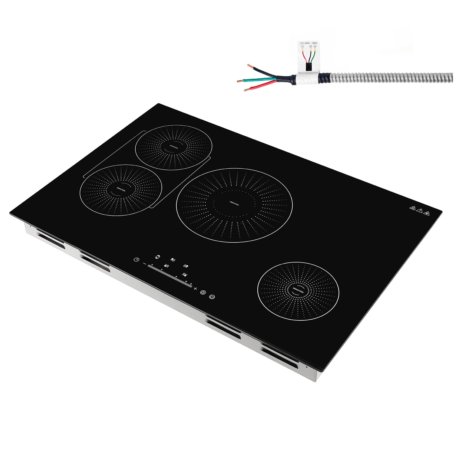 KFFKFF 30-Inch Induction Cooktop with 4 Burners, Built-in Electric Stove, 220V 7500W, Continuous Low-Power Heating, Kitchen Induction Burner with 9 Heat Settings, LED Touch Controls, and Safety Lock