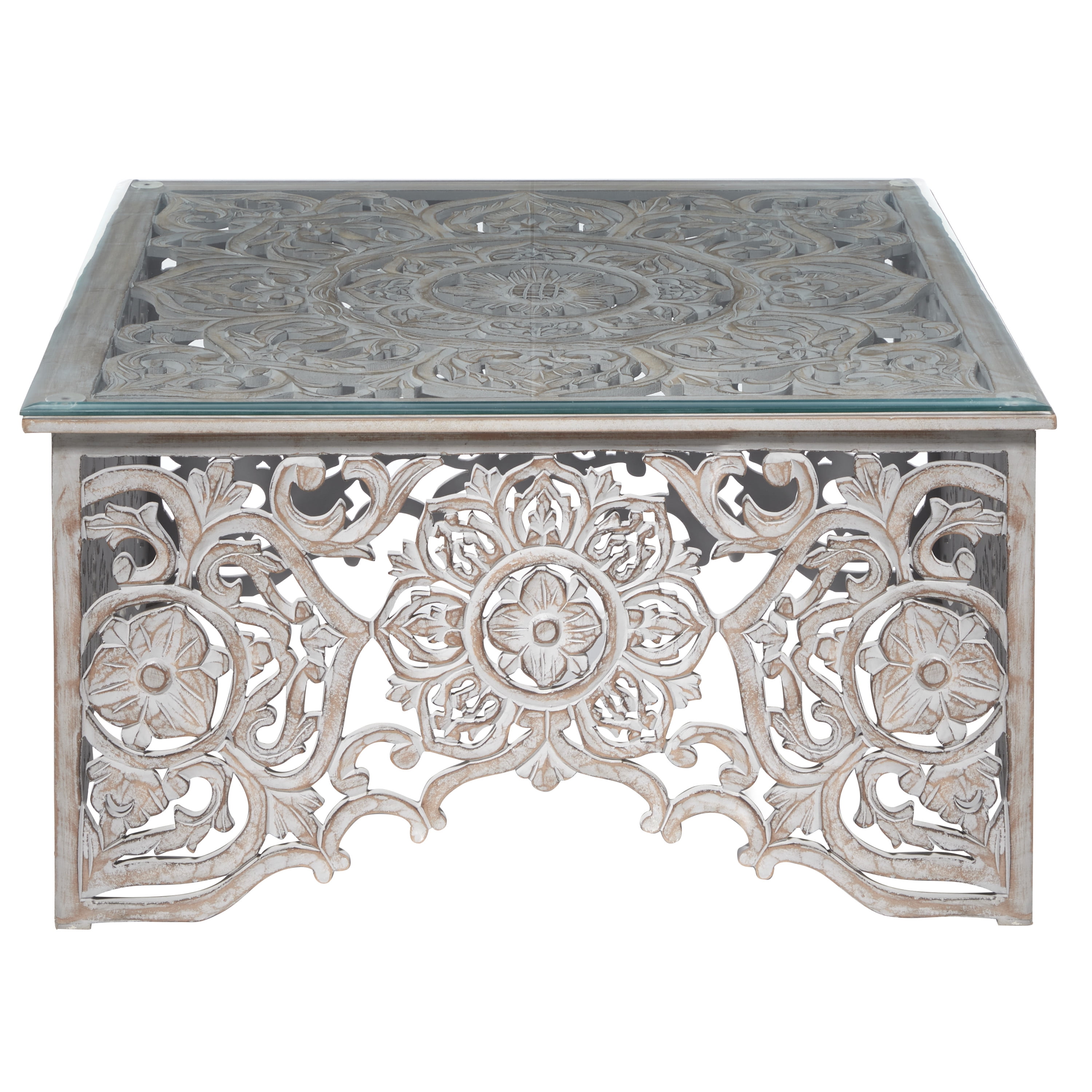 Decmode 22340 Square Distressed White Wood Carved Coffee Table With