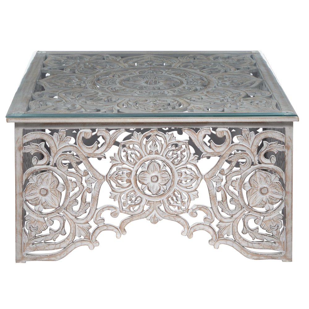 Decmode 22340 Square Distressed White Wood Carved Coffee Table With