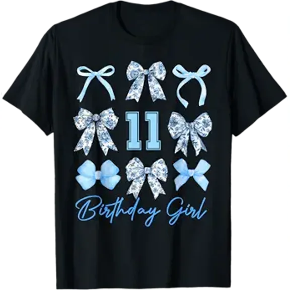 Vesco 11th Birthday Girl Blue Toile Coquette Bow 11 Year Old T-Shirt
