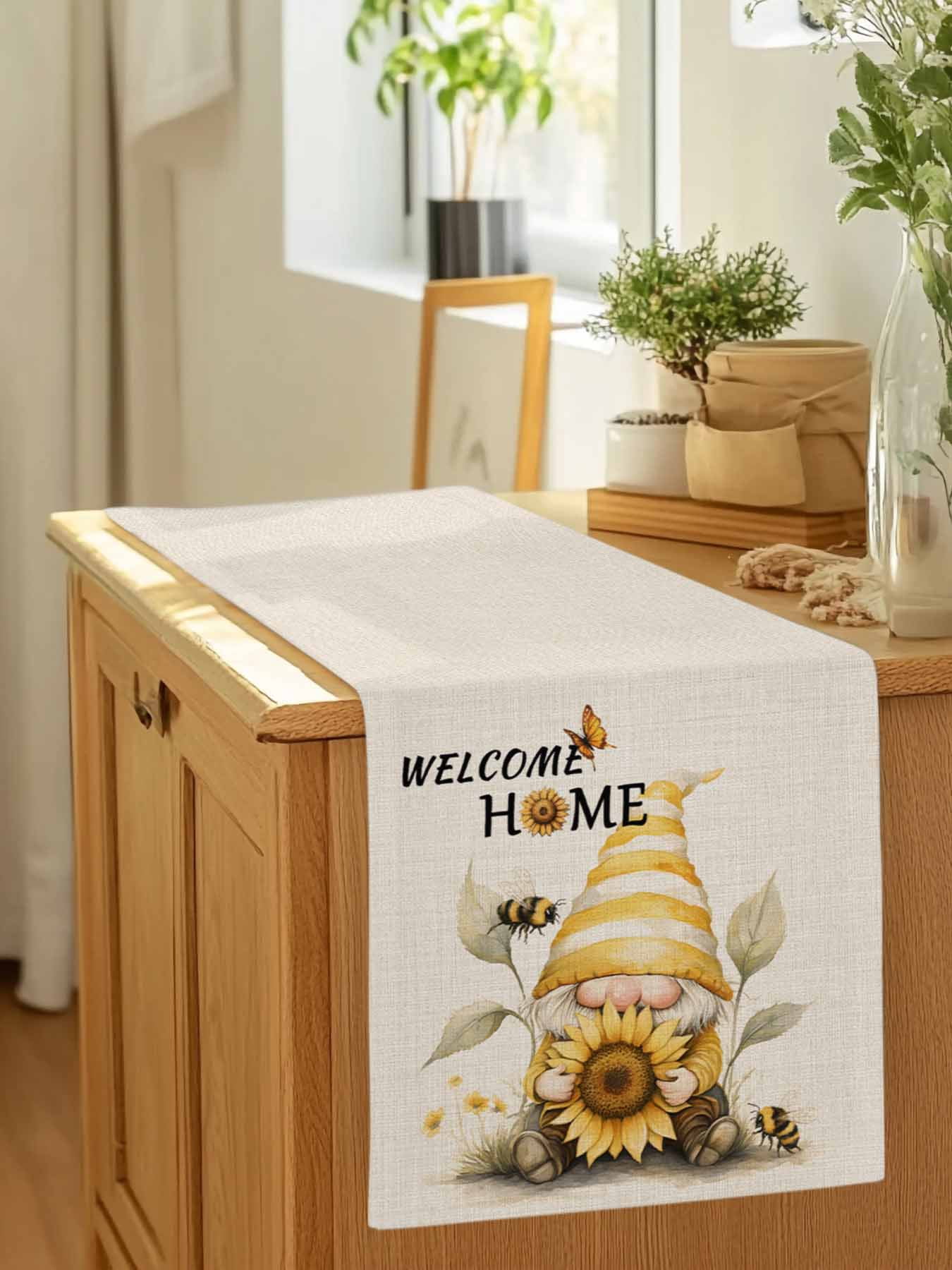 Welcome Home Gnome Table Runner 90 Inches Long, Vintage Sunflower Bee Butterfly Table Runners Tabletop Scarf Kitchen Dining Tables Decoration for Home Party Indoor Outdoor