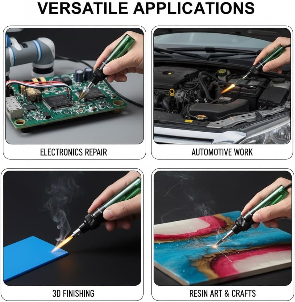 4 in 1 Portable Soldering Iron Kit, Cordless Adjustable Butane Gas Soldering Iron Kit, Mini Refillable Flame Tool with Safety Lock & Fast Heating Lightweight, for Electronics Repair (Set D)