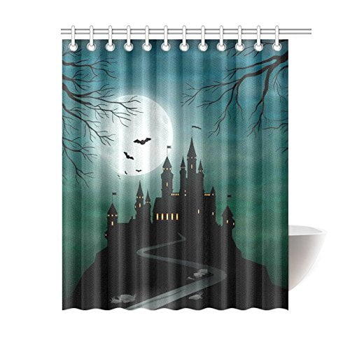 Ghost Castle Shower Curtain Liner Waterproof Fabric Halloween Moon Bathroom Set 