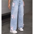 thumbnail image 4 of Pantalones de mezclilla de pierna recta con lazo lindo for mujer, pantalones vaqueros casuales holgados de talle alto, pantalones de moda Y2K con bolsillos, 4 of 6