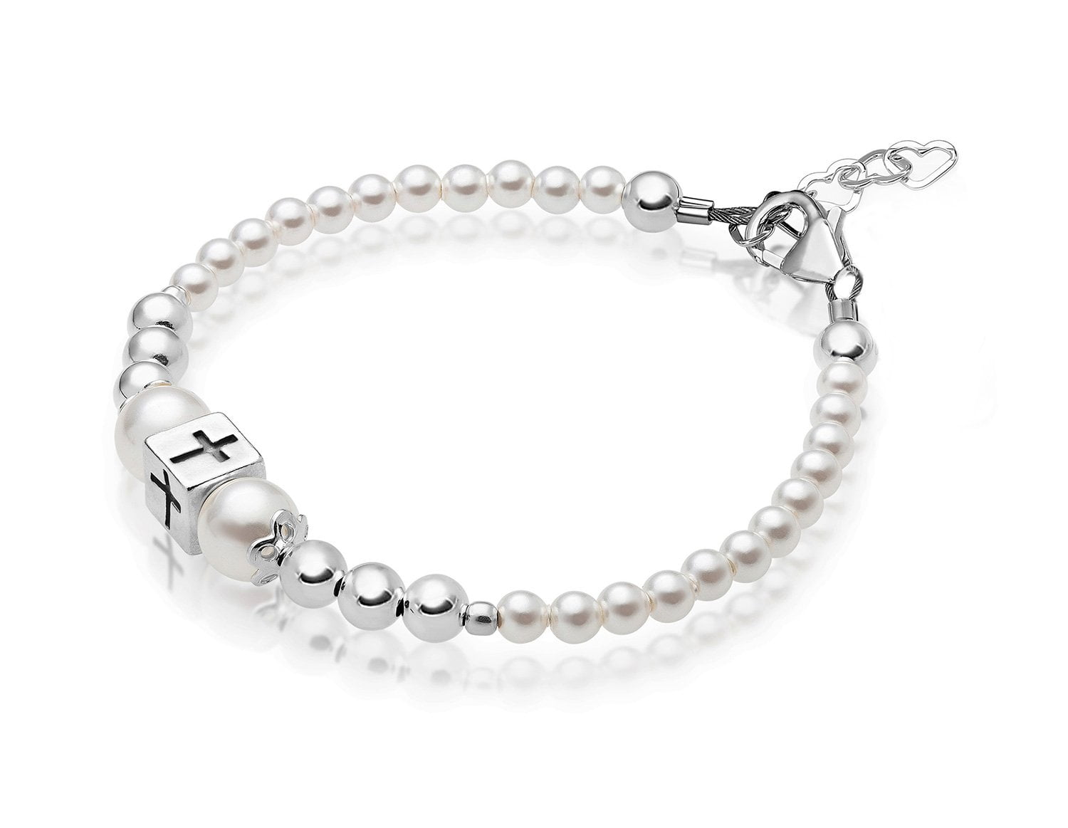 Girls Jewelry Birthday Gift Sterling Silver Cross Charm Girls Bracelet with European Crystals and simulated White Pearls Baptism Gifts for Girl Baby Crystals Pearl Bracelets for Girls