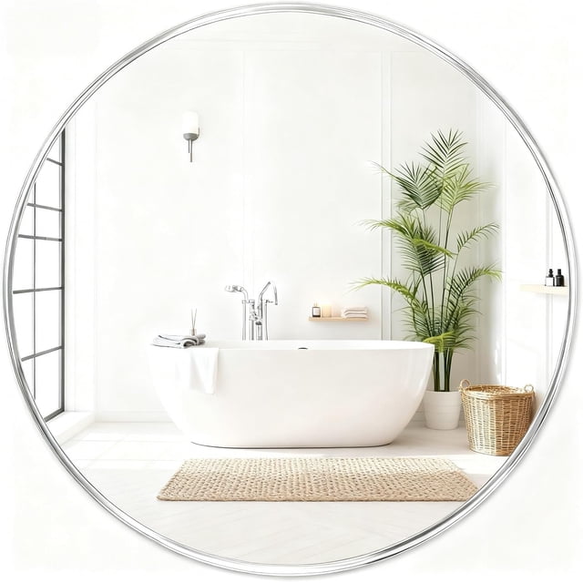 Espejo Circular Plateado para Pared de 22 Pulgadas - Espejo Redondo para Baño, Entrada, Sala de Estar, Pasillo, Decoración de Recámara, Espejos Pequeños de Marco Cromado