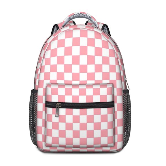 Pink and White Checkered Pattern Backpack for School, Cute School Bag with Adjustable Shoulder Straps and Padded Back, 15.3"x11"x6.7"