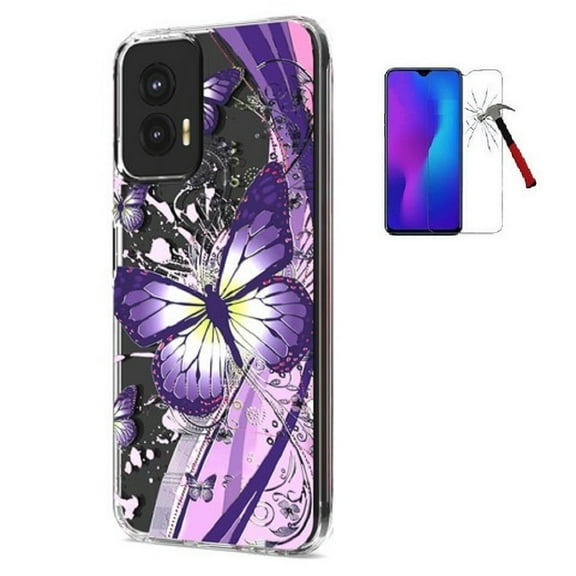 Phone Case for Motorola Moto g Stylus 5G 2024, Butterfly Design Transparent Shock-Resistant Hybrid Case Cover   Tempered Glass (Purple)