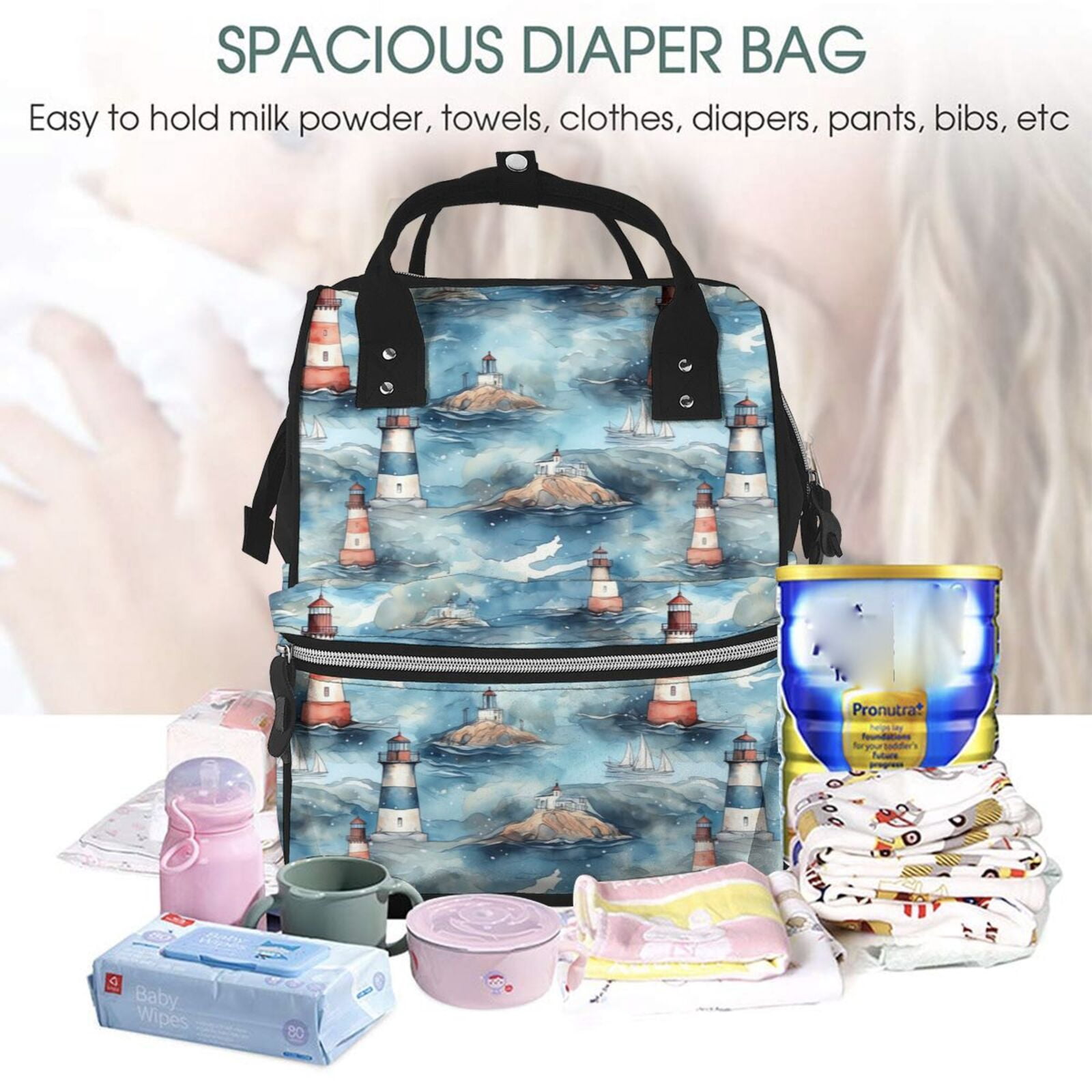 Ratiio Sea Marine And Lighthouse Mummy Backpack - Waterproof Twill Canvas, Large Capacity Diaper Bag with Multiple Pockets and Adjustable Straps