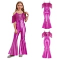thumbnail image 5 of Raenseen Girls Sparkly Sequins Tassel Pageant Dance Party Jumpsuit Spaghetti Strap High Waist Flared Pants Romper Hot Pink 12, 5 of 7