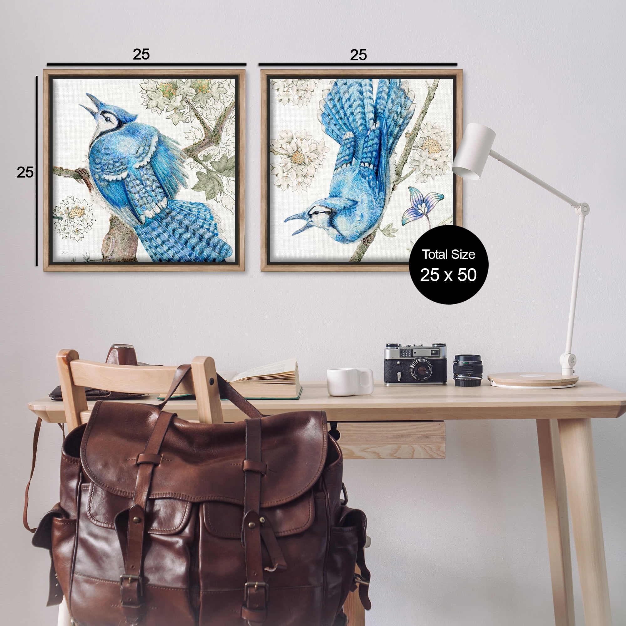 Stupell Industries Blue Jays with White Blossoms Animals Painting Brown Floater Framed Canvas Art Print Wall Art, 25 x 25, Set of 2