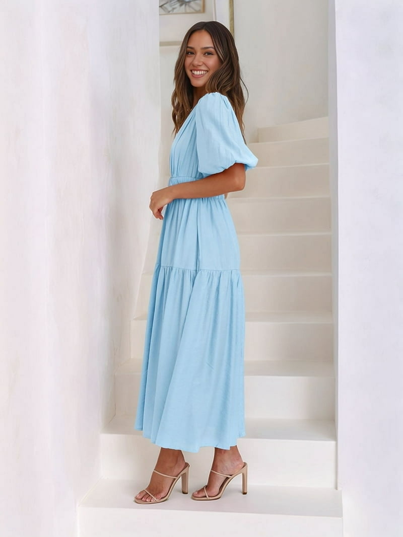 cobalt blue dress midi Chiffon Sleeveless V Neck A Line Long Sky Blue Flowy Prom Dress
