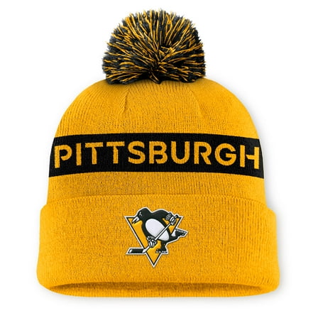 Women's Fanatics Gold/Black Pittsburgh Penguins Authentic Pro Rink Cuffed Knit Hat with Pom