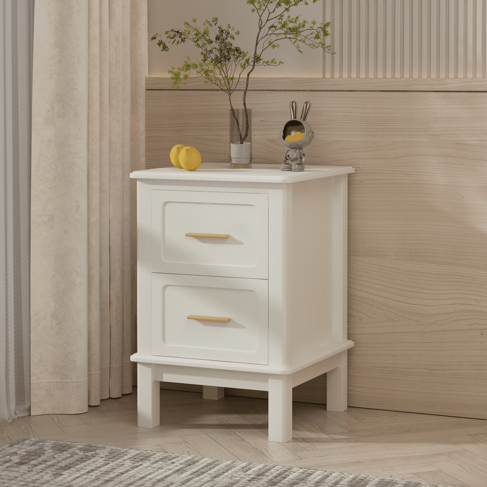 Modern Nightstand with 2 Drawers, Bedroom Bedside Table with Gold Handles, Sturdy Wood Accent Table for Small Spaces, Living Room, Kids Room & Guest Room-Off White