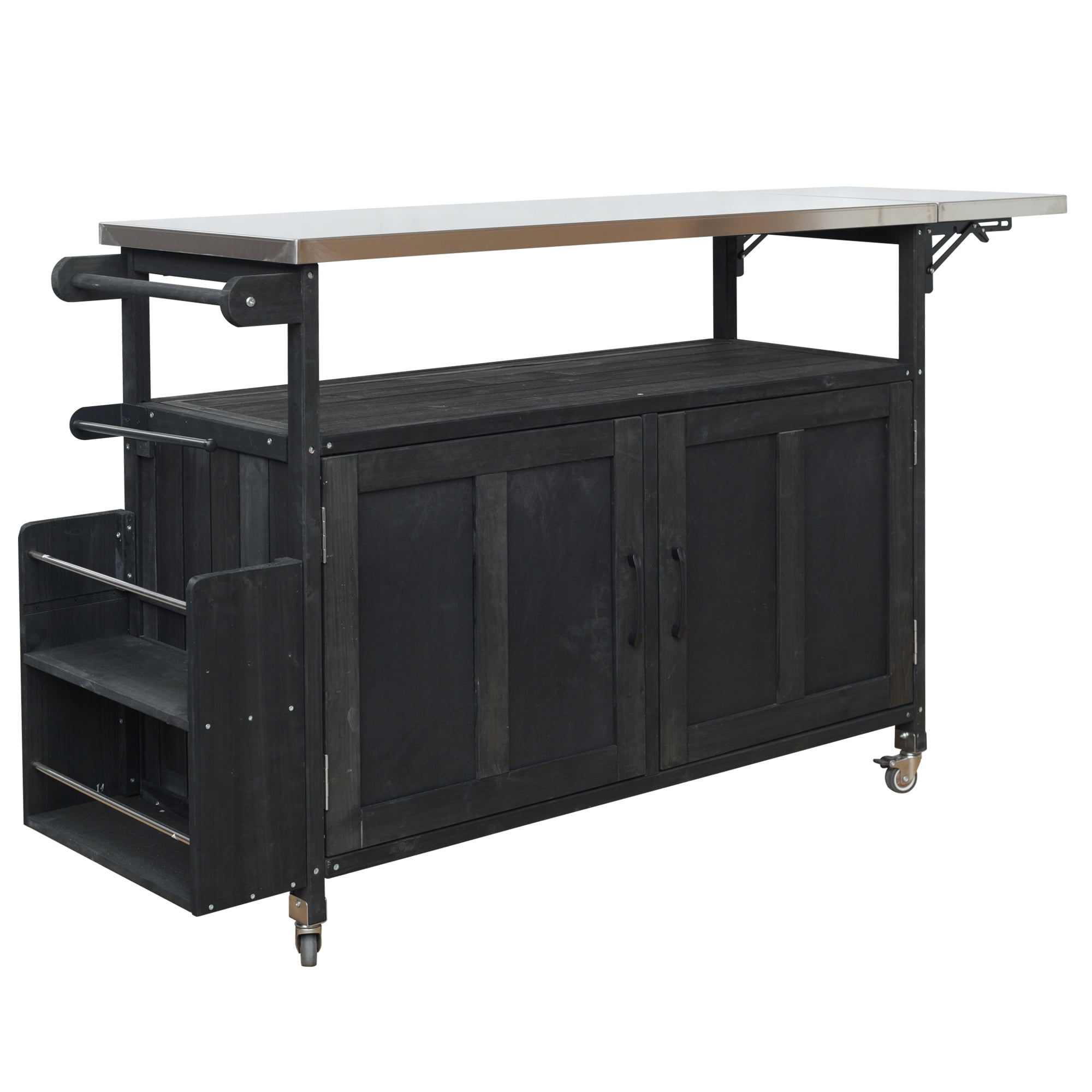 Harper & Bright Designs Outdoor Extendable Kitchen Island with Wheels, Patio Kitchen Cart with Foldable Stainless Steel Top, Portable Prep Station with Storage Cabinet and Towel Rack, Black