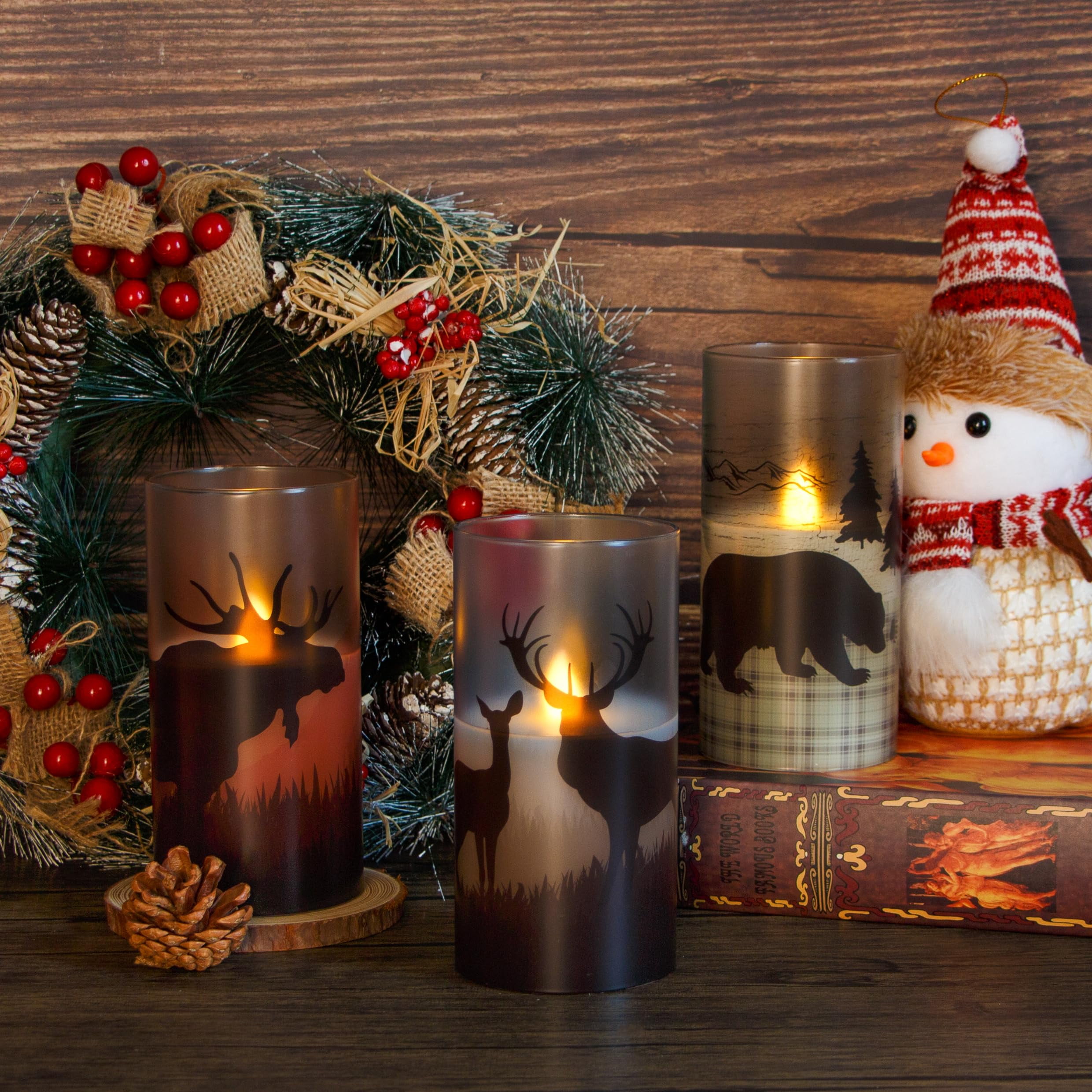 Mavandes 3pcs Flameless Led Real Glass Remote Candles with Deer Moose Bear Decal, 3 x 6 inches Flickering Battery Operated Timer Pillar Candles