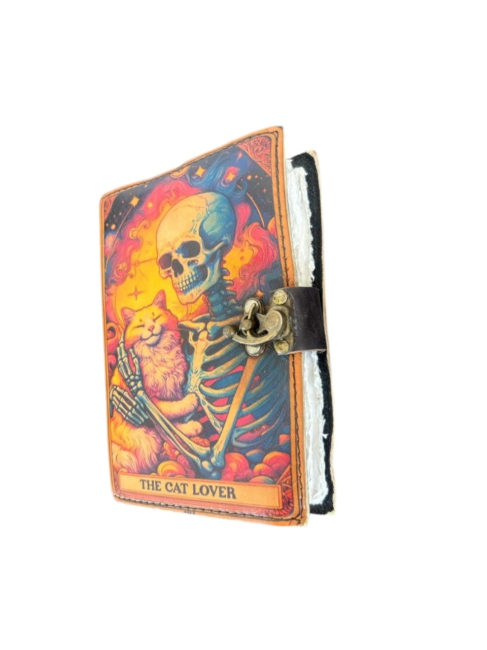 Handmade Leather Journal with Lock – Cat Lover Art Design, White Deckle Edge Drawing Paper, Vintage Aesthetic Notebook, Lightweight Diary (5x7)