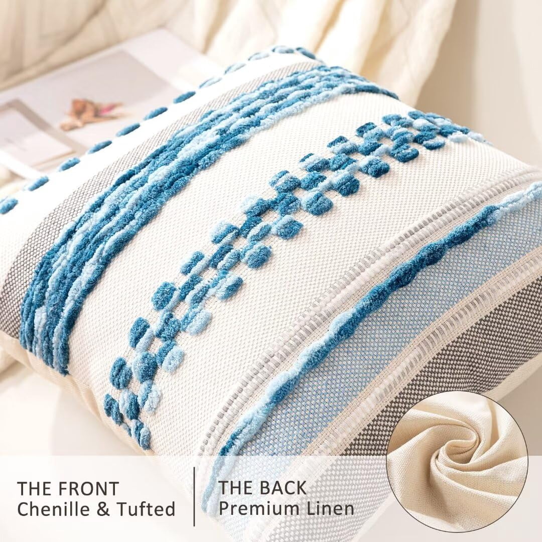 Boho Throw Pillow Covers 18x18 Set of 2 Farmhouse Decorative Cushion Case Striped Square Pillows Cover Chenille Pillow Cases Accent Neutral Pillowcase for Sofa Couch Bed