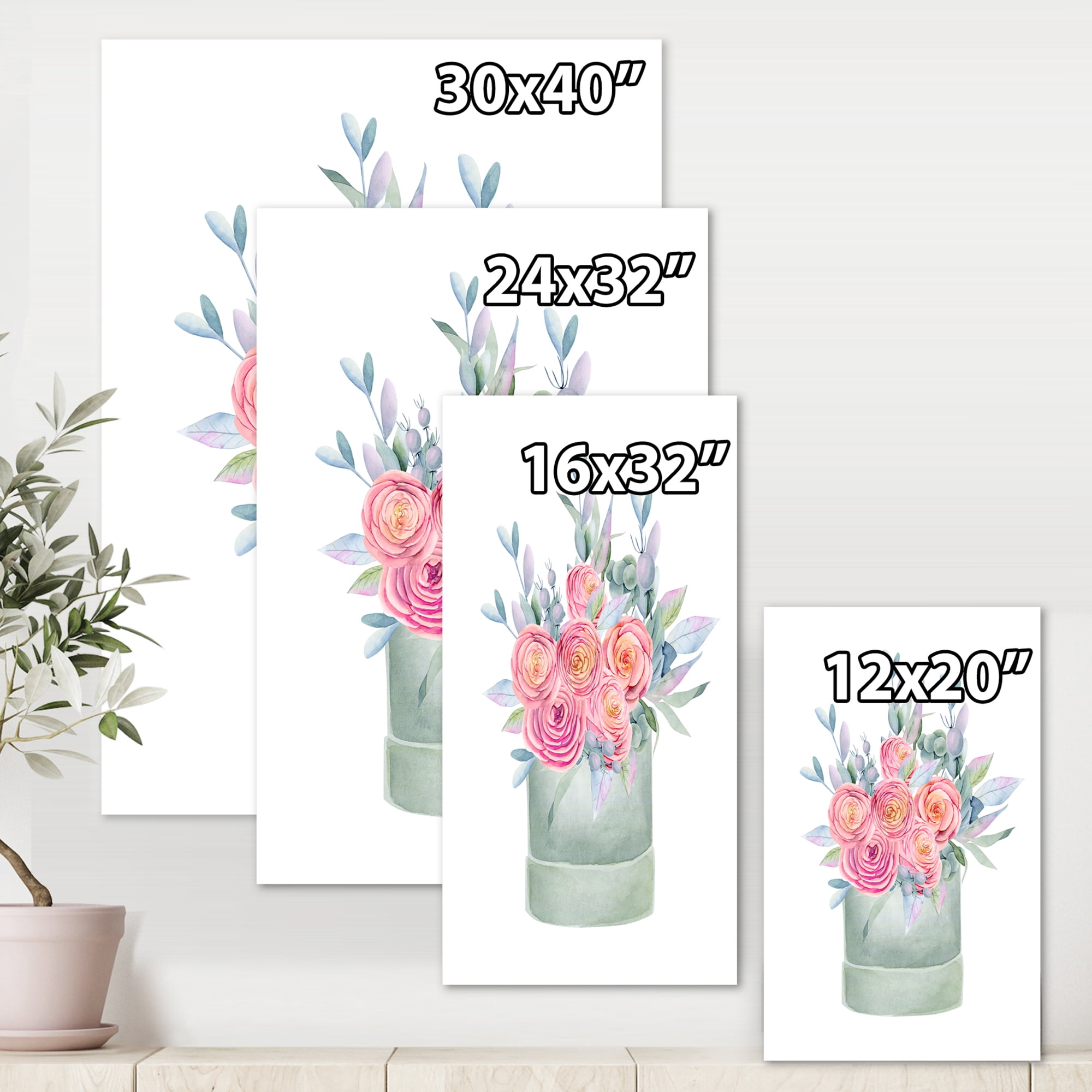 Pink Roses With Gift Box 8 in x 12 in Painting Canvas Art Print, by Designart