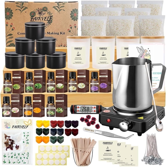 Soy Candle Making Kit for Adults & Hot Plate, DIY Starter Supplies | Includes Glass Jars, Tins, Scents, Soy Wax, 3D Decorative Flowers & Color Dyes, Aromatherapy Craft for Home Decor & Gifting