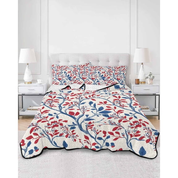 Quilts King Size, Red Blue Leaf Soft Comforter Bedding Set for Bed, Summer Vintage Botanical Branch Lightweight Quilted Bedspread with Pillow Cover(2 Pieces) for All Season, 96x106 Inch
