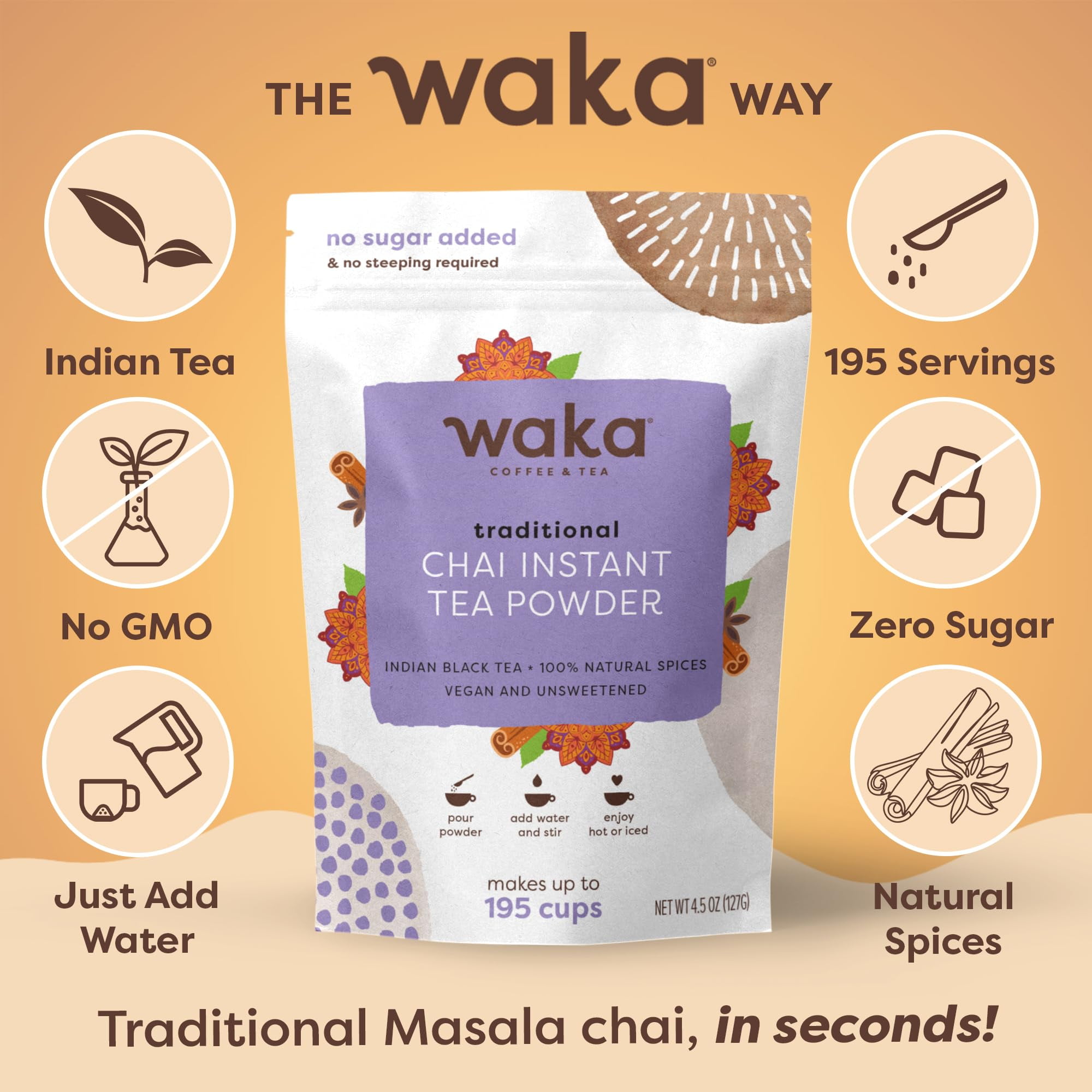Waka Instant Chai Tea Powder, Sugar Free Masala Chai, 4.5 oz - Premium Instant Chai Tea, Enjoy Tea at Home, Traditional Spice Chai Tea Flavor, Highly Concentrated Formula, Real Spices, Not Syrup