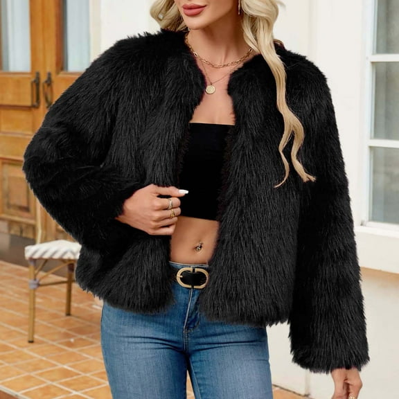 AUNVITO Women's Faux Fur Coat Winter Warm Short Solid V-Neck Outerwear Casual Party Luxe Textured Jacket