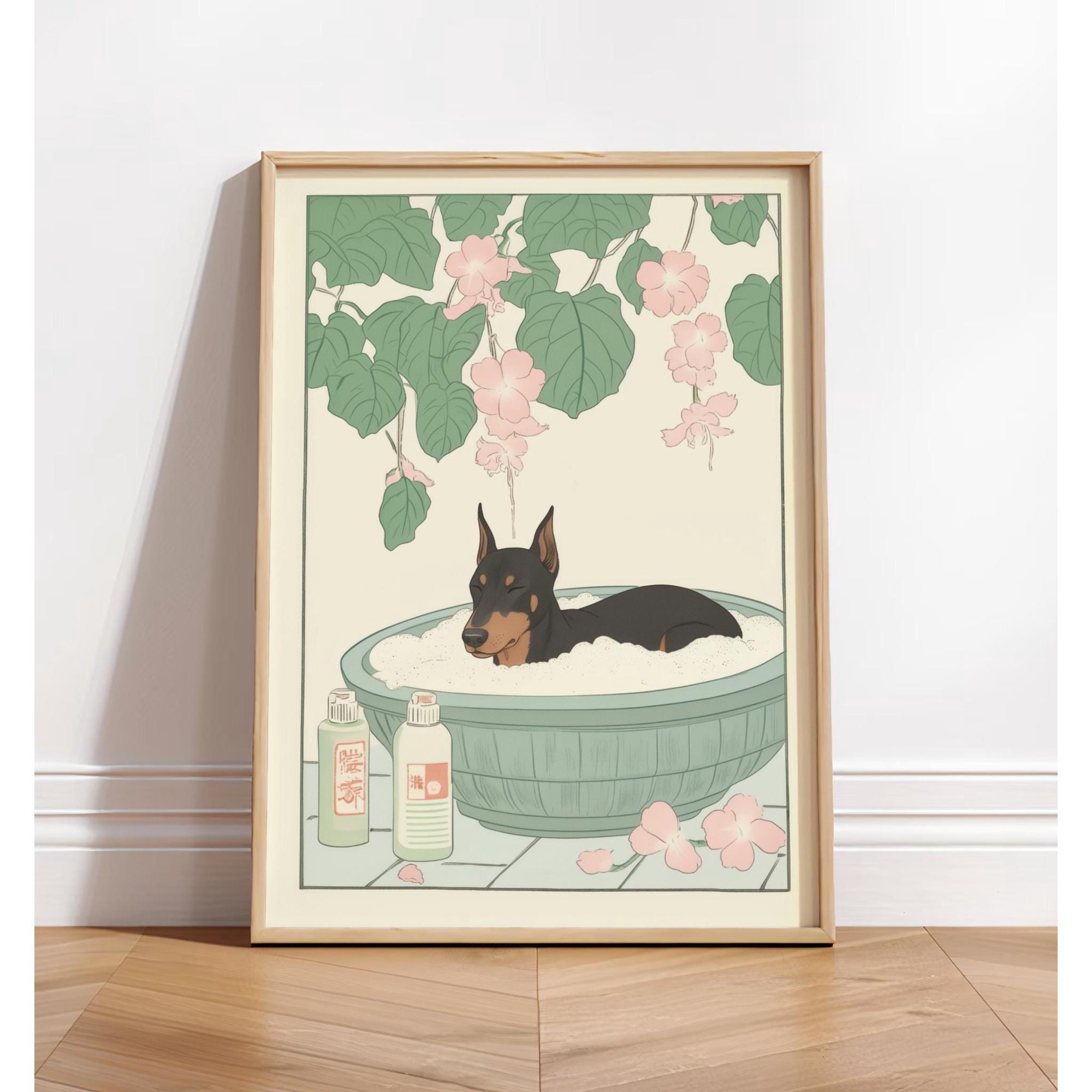 Doberman in a bathtub: Japandi Bathroom wall art, Ukiyo-e Washroom Print, Poster Only