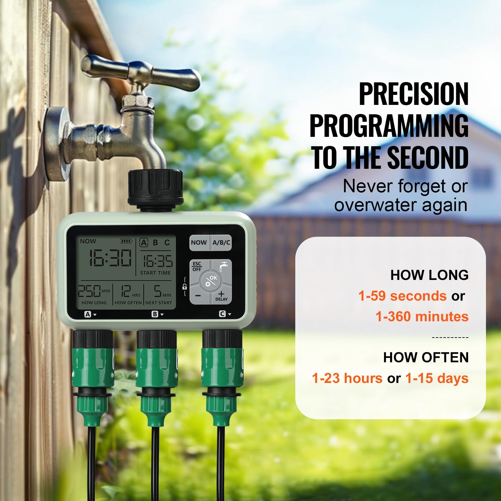 KFFKFF Water Scheduler, Triple Outlets, Sprinkler Control Timer, featuring Trio Independent Zones, LCD Screen, Rain Postpone Function, Hand-Operated Setting, 360?? Brass Connection, Metal Strainer