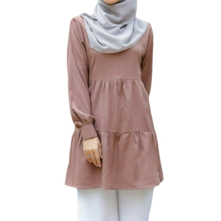Women Muslim Long Sleeve Tunic Tops Ruffles Hem Solid Color Loose