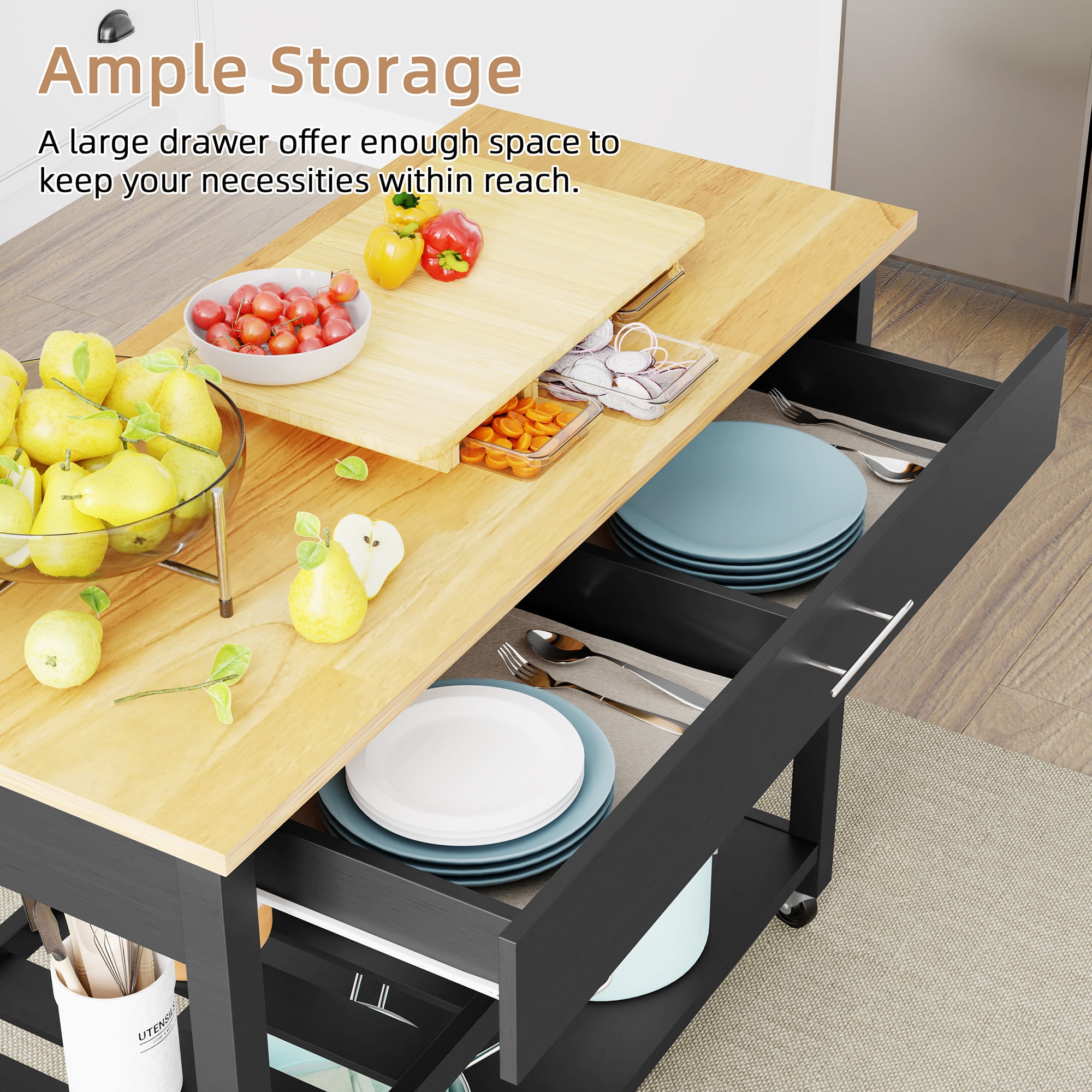 Kitchen Island Cart with Storage,Rolling Kitchen Island Side Table on Wheels with Large Worktop,Storage Cabinet,Towel Rack,Drawers and Open Shelves for Kitchen,Dinning Room,Black