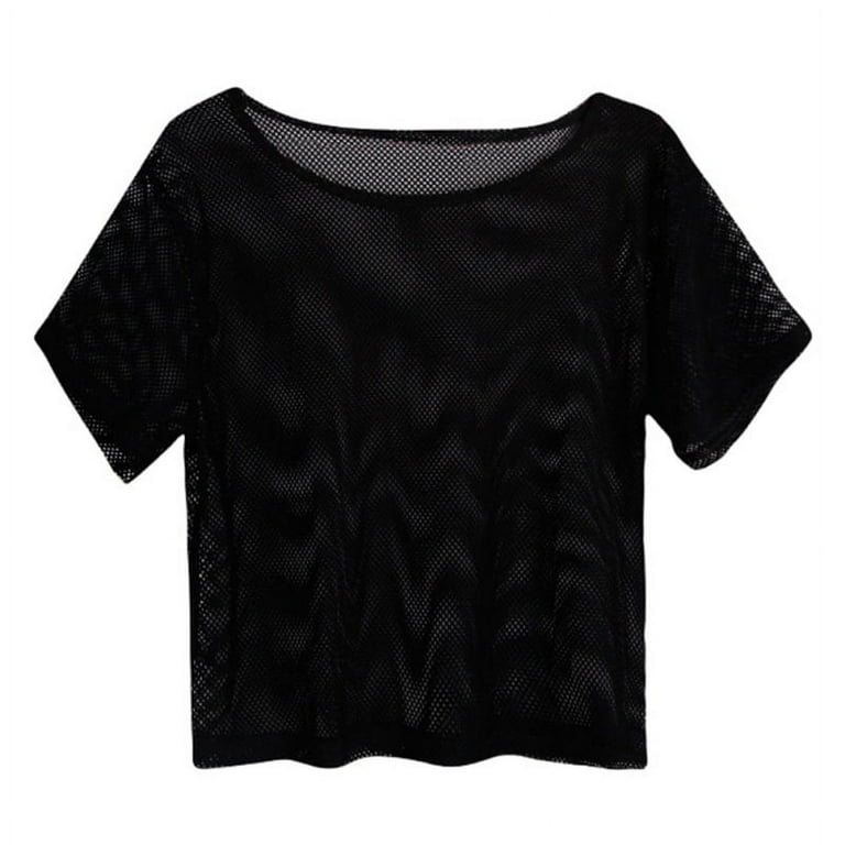 ☆FREEDOM☆ Women's Mesh Crop T-Shirt Black FD24SWTS0130BK Women's Sexy Sheer Short Sleeve See Through Mesh T-Shirt