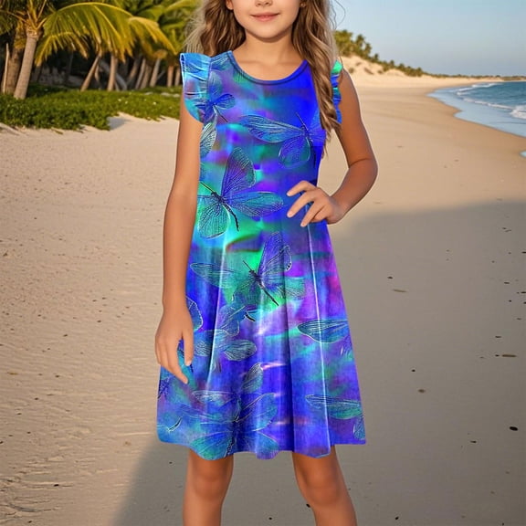 JUSLIO Girls Flying Sleeve Dress Print Casual Dresses Size 3 Y