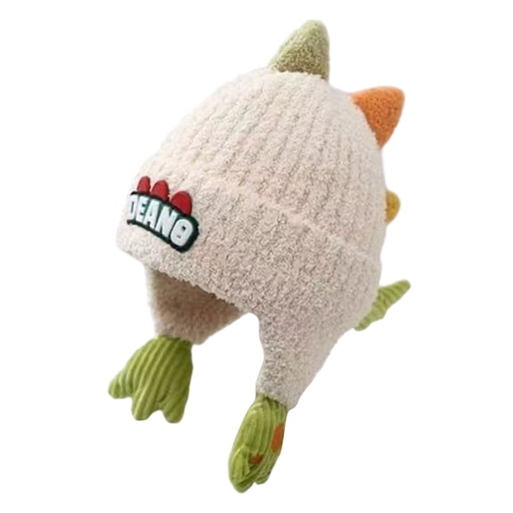Povozer Toddler Beanie Boys Girls Baby Knit Warm Beanies Kids Winter Hat With Dinosaur Design Blue White Knit Fleece Lined Ear One Size Warm Winter Headwear For Boys Girls,Size 1-4Years,Beige