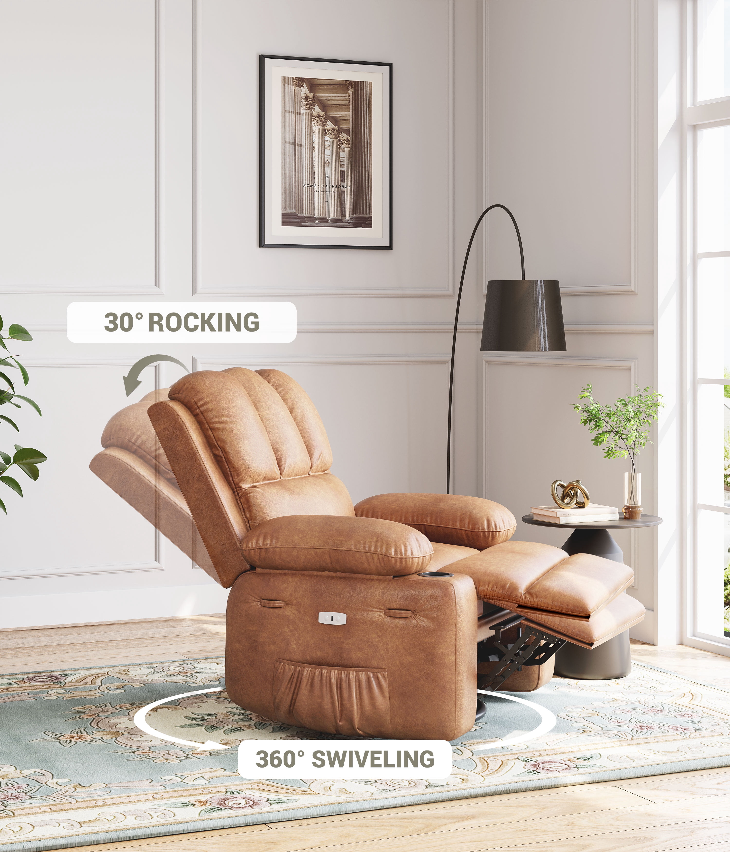 Oversized Electric Recliner Chair with Massage,PU Leather Swivel Rocker Recliner with Remote Control and Cup Holders,26.8" Wide Lounge Chair for Living Room, Bedroom,Nursery