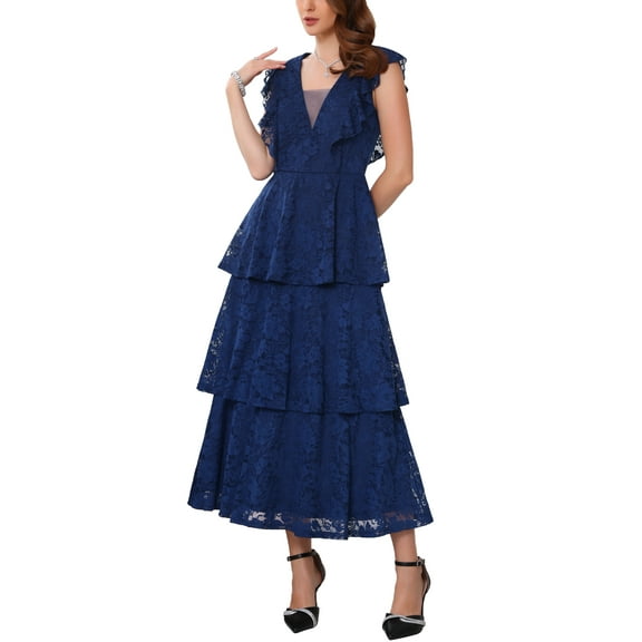 INSPIRE CHIC Women's Lace Dress for Wedding Guest Cocktail Evening Ruffle Cap Sleeves Tiered A-Line Maxi Dresses S Blue