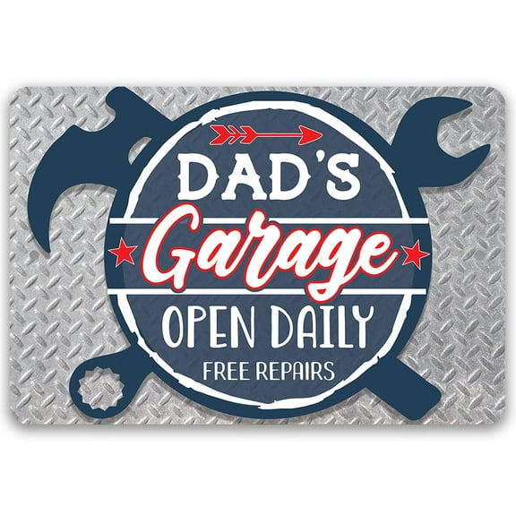 Dad's Garage Open Daily Free Repairs - Metal Sign - Perfect Gifts for Dad From Daughter or Son, Step Dad Gifts, Things To Get Your Dad For Christmas, Best for Dad, Garage Signs for Men (12" x 18")