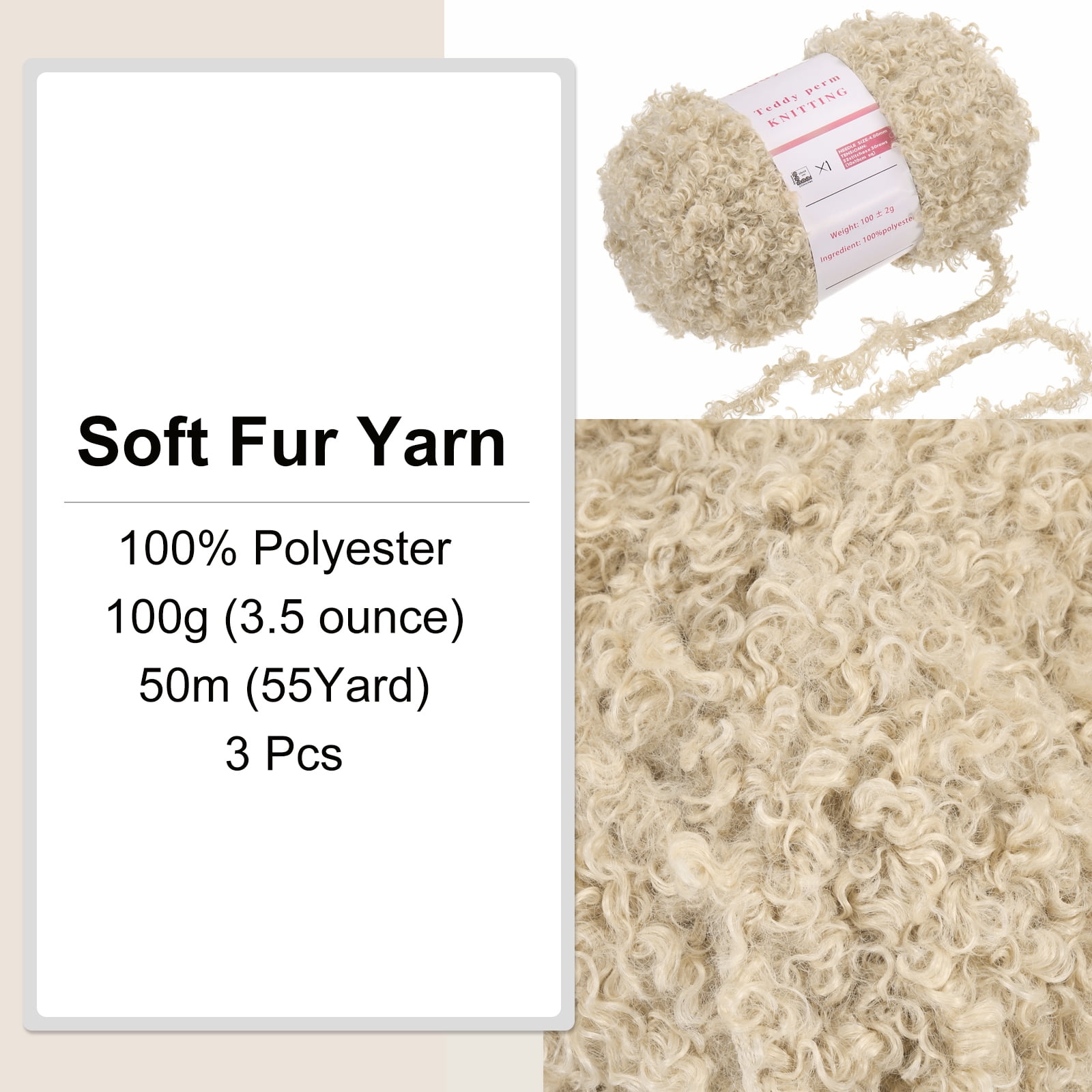 3 Skeins Eyelash Yarn Polyester Yarn Fur Soft Fluffy Chunky Yarn Fuzzy Eyelash Yarn Cream White for Crocheting Knit DIY Clothes Bag - 55Yard/50m, 3.53oz x 3