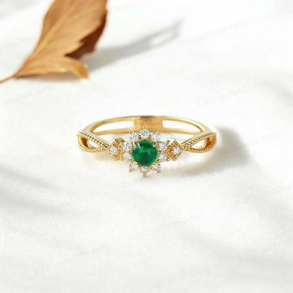 CHIRAGEMSJEWEL Round Shape Emerald Wedding Engagement Ring - 1ct / 5MM May Birthstone Diamond Halo Ring , Gift for Daughter