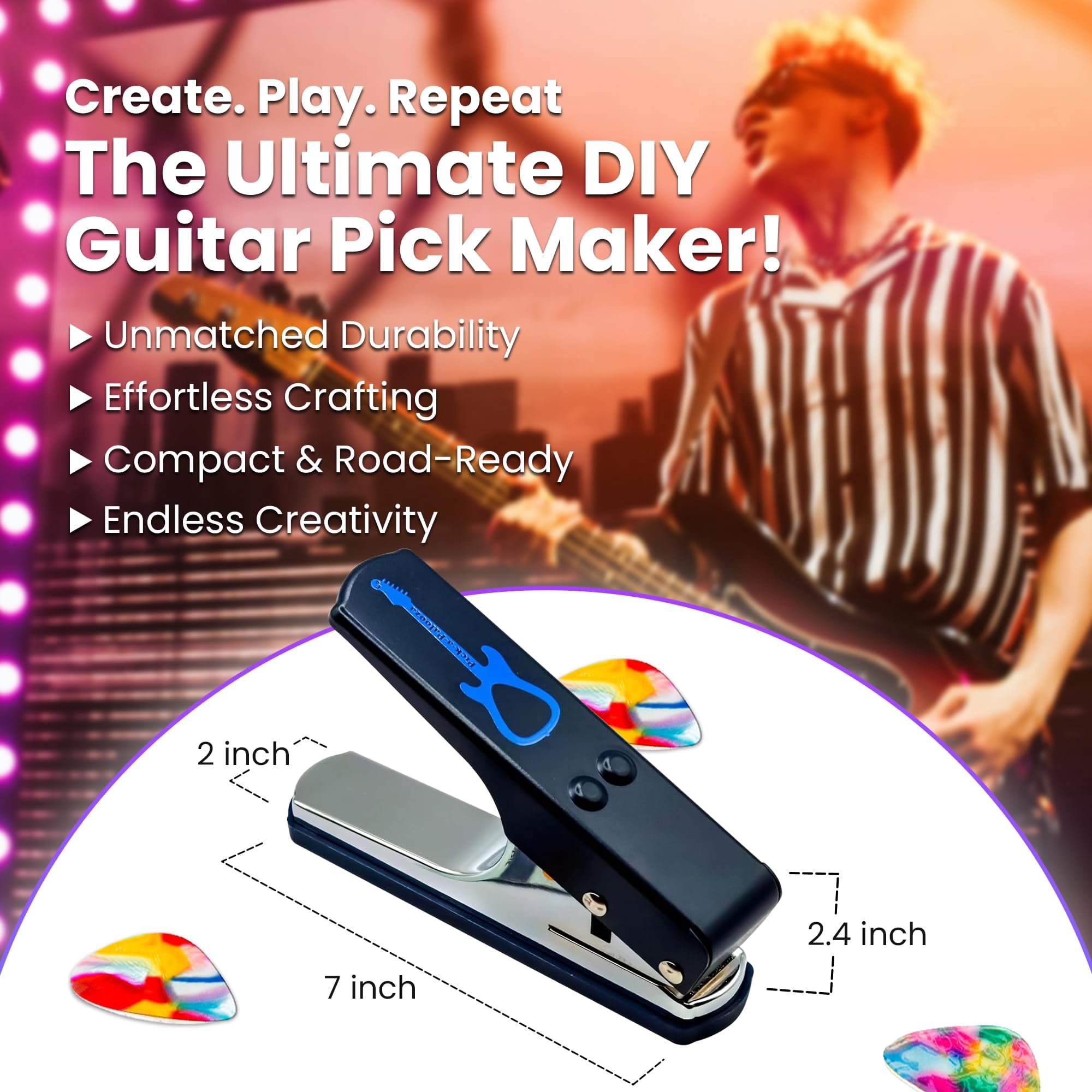 Pick-a-Palooza DIY Guitar Picks Punch Mega Pack - Custom Pick Maker for Musicians - Features Leather Key Chain Holder, Pick Strips with Artwork & File - Unique Gifts for Men & Women - Blue Punch