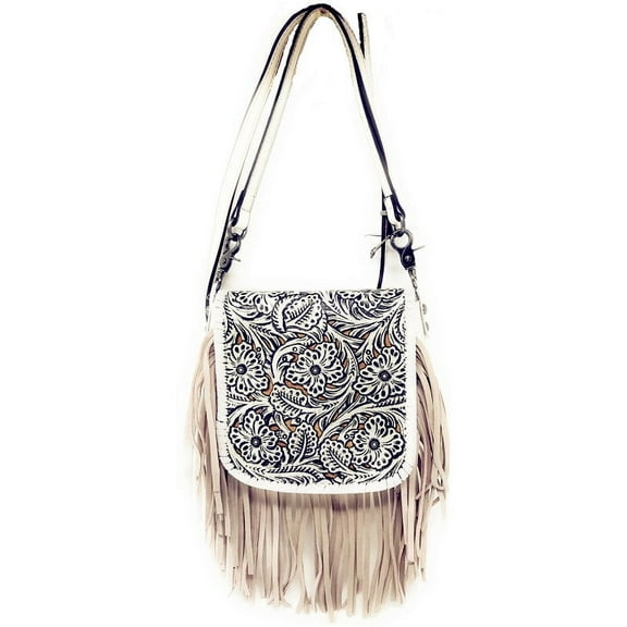 Western Genuine Leather Cowgirl Crossbody Messenger Fringe Laser Cut Purse Bag