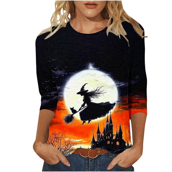 Halloween Shirts for Women, 3/4 Sleeve Fall Tops, Funny Witch Graphic Crew Neck Tee, Halloween Party Costume Perfect Gifts
