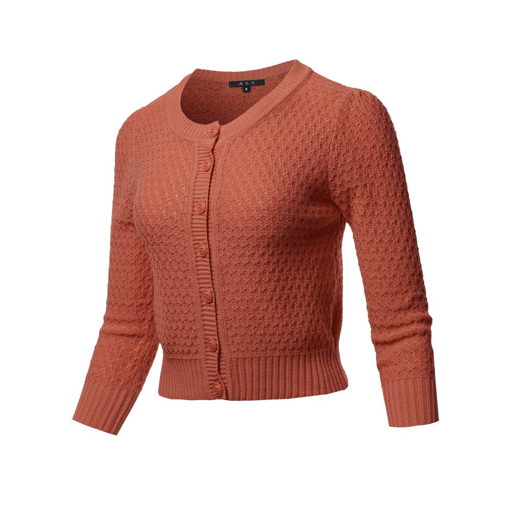 A2Y A2Y Women's Solid Cropped 3/4 Sleeve Button Down Crew Neck Knit