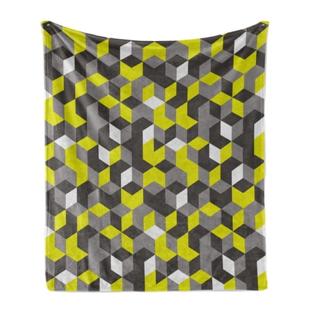 Grey and Yellow Soft Flannel Fleece Throw Blanket  3D Print Inspired Modern Geometrical Boxes Cubes Image  Cozy Plush for Indoor and Outdoor Use  70  x 90   Mustard Yellow  by Ambesonne