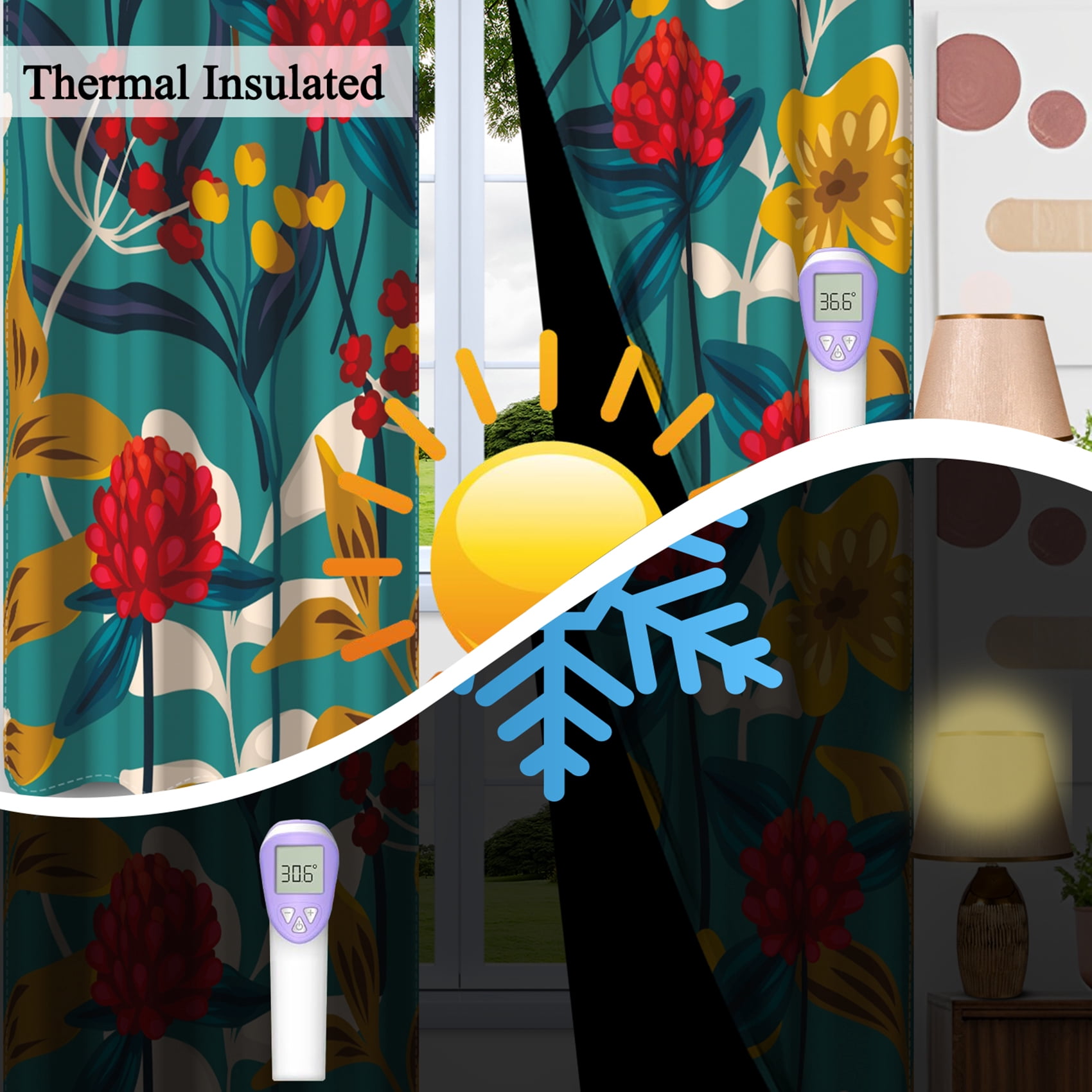 Dashan Boho Floral Blackout Curtains for Living Room,Farmhouse Blue Window Drapes for Bedroom,52x84 Inch,2 Panels