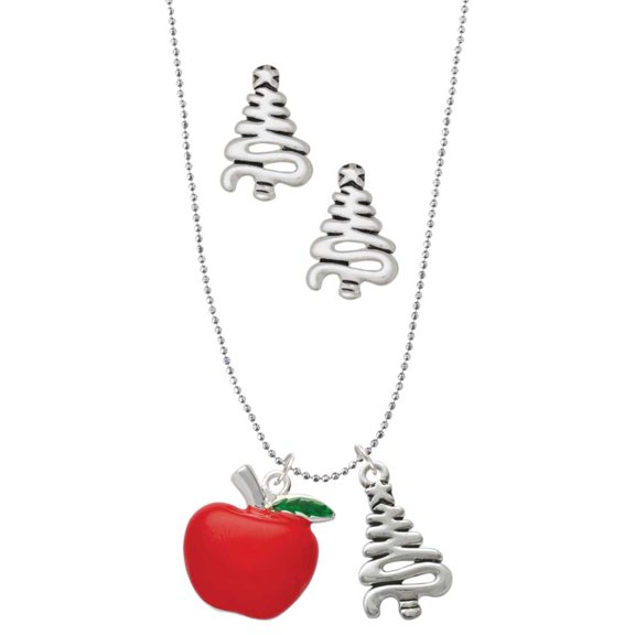 Delight Jewelry Silvertone Large Red Apple Silver tone Zig Zag Christmas Tree Charm Necklace and Stud Earrings