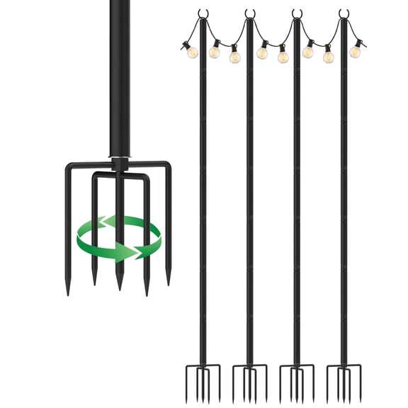 Metal String Light Poles for Outside Hanging - Backyard, Garden, Patio, 4 Pack Lighting Stand with Adjustable Height for Outdoor Parties, Wedding, Extra-Long 5-Prong Claws, (10FT) FLP04B01
