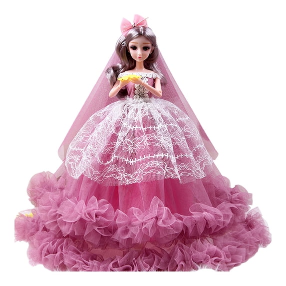 Beautiful Princess Wedding Dress Doll 17.7 InchTall Movable Joints Plastic Bride Doll For Display Gift Box Toy For Role Play Collectible(Dark Pink)